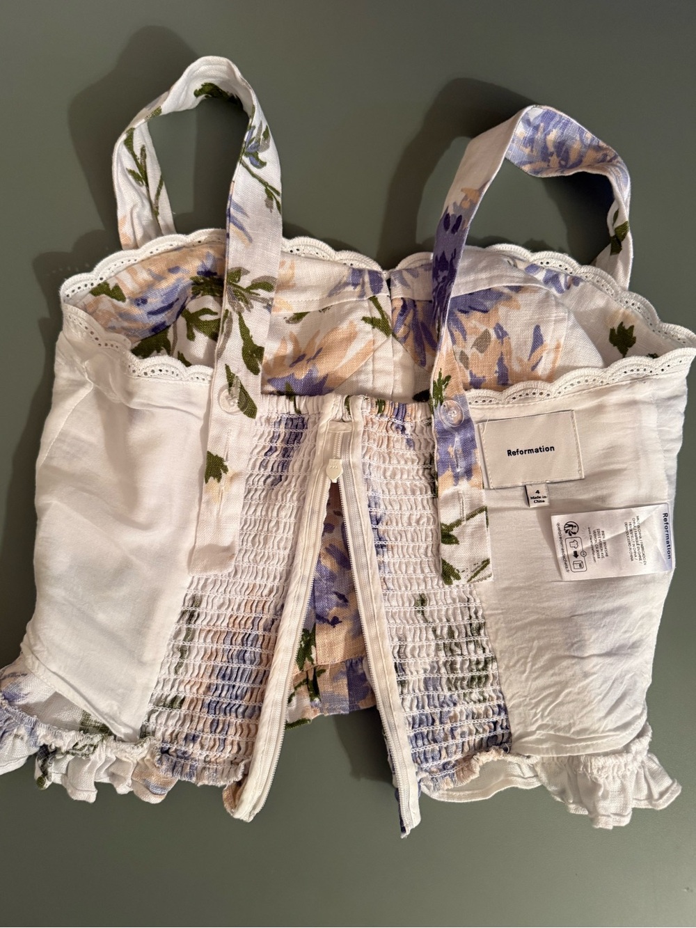 Reformation Anatolia Corset Tank & A-Line Midi Skirt linen Set white floral sz 4 - Picture 13 of 16
